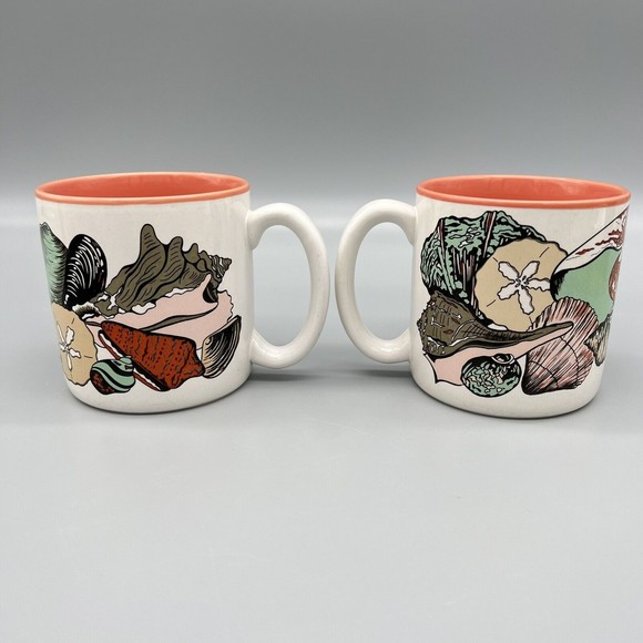 VTG 1988 Potpourri Press Coffee Mugs Seashell Shell Coral Pair Set of 2 EUC LN - Picture 2 of 9